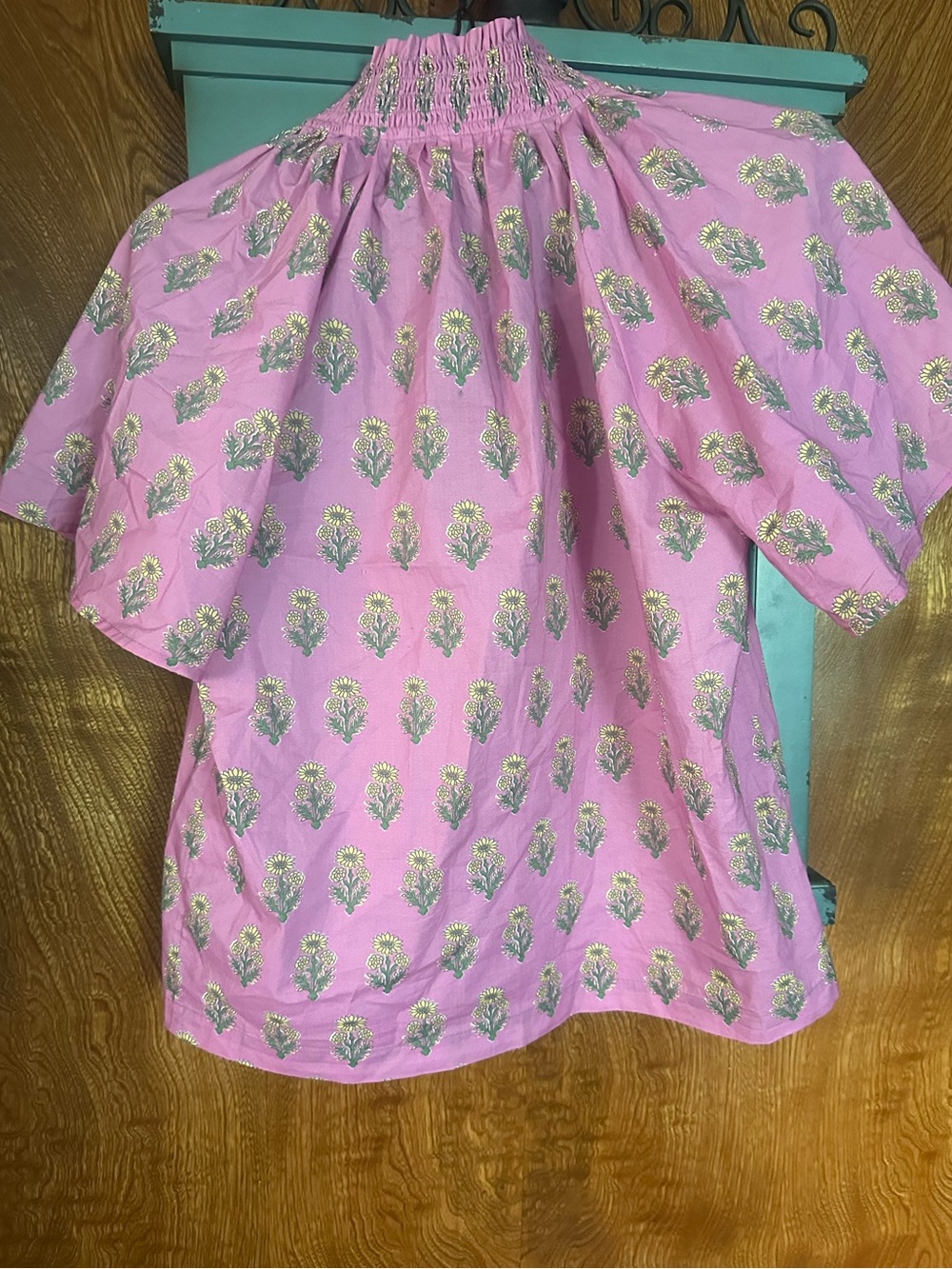THML Pink Floral Print Short Sleeve Blouse with Green Trim - Picture 2 of 5
